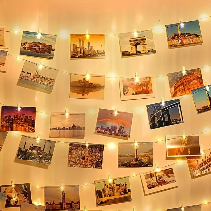Photo Clip String Light Set, LED String Lights With 40 Wooden Clips For Hanging Pictures For Bedroom, Party, Diwali Decoration Lights, Wall Christmas & Halloween Valentine's Day Decoration