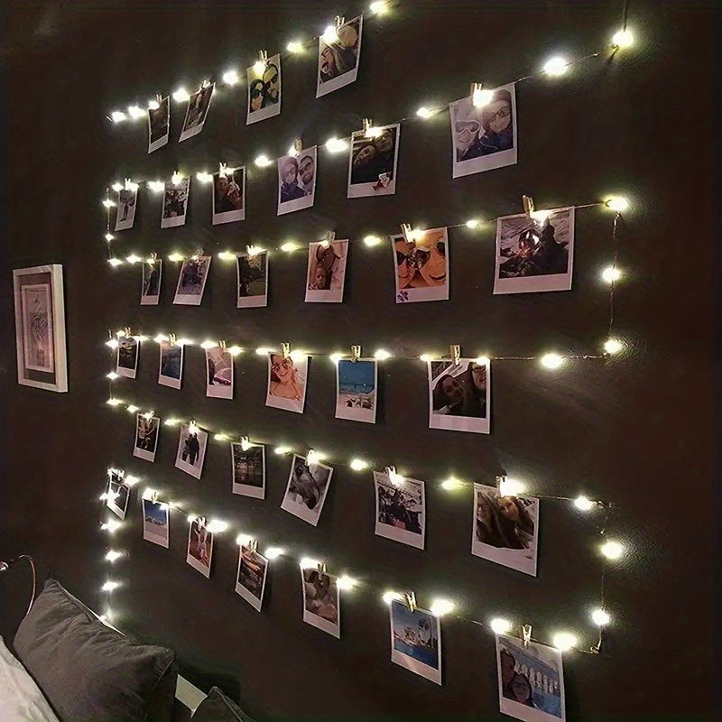 Photo Clip String Light Set, LED String Lights With 40 Wooden Clips For Hanging Pictures For Bedroom, Party, Diwali Decoration Lights, Wall Christmas & Halloween Valentine's Day Decoration