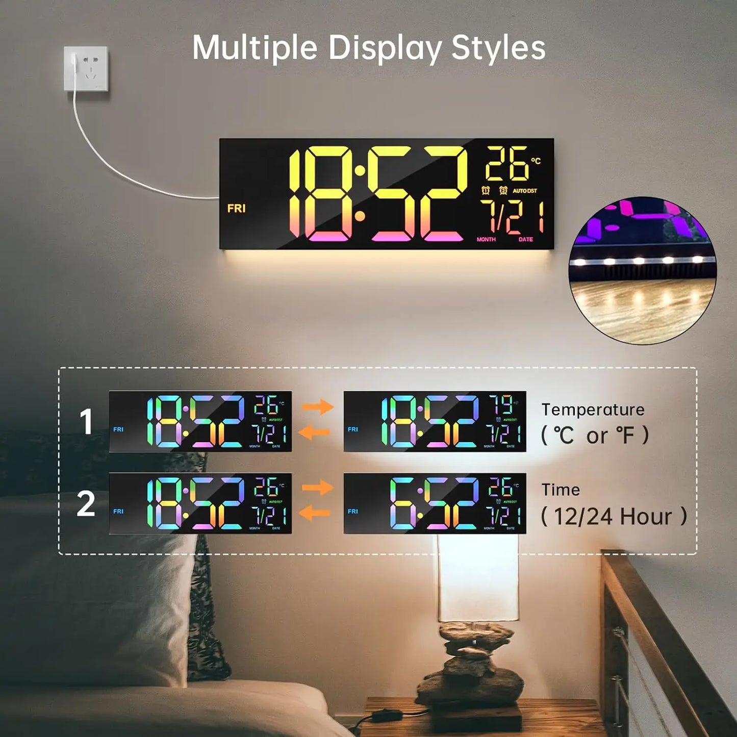 Digital Wall Clock Large Display 16.2" Digital Wall Clock with RGB Color Changing Remote Control Automatic Brightness LED Watch