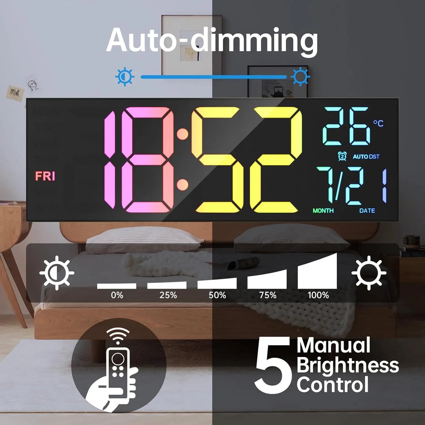 Digital Wall Clock Large Display 16.2" Digital Wall Clock with RGB Color Changing Remote Control Automatic Brightness LED Watch