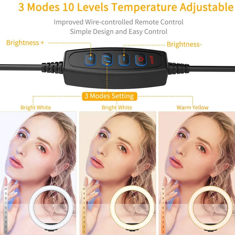 LED Selfie Ring Light 3 modes Dimmable Photography Lamp with 50cm Tripod Remote control For Phone Video Live Makeup Fill Light