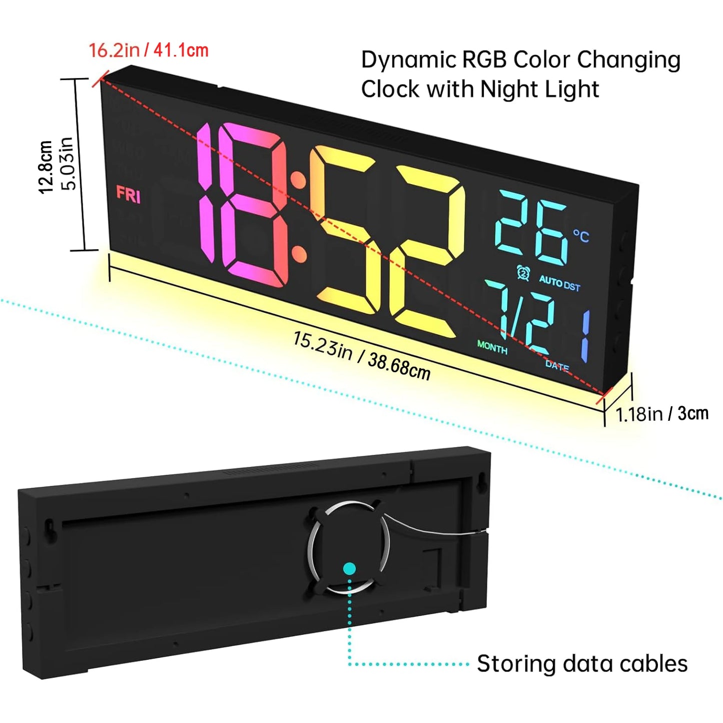 Digital Wall Clock Large Display 16.2" Digital Wall Clock with RGB Color Changing Remote Control Automatic Brightness LED Watch