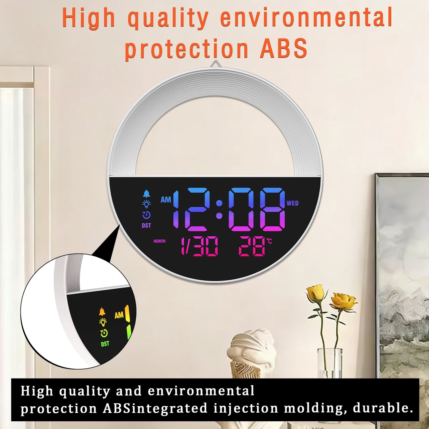 10 Inch Digital LED Wall Clock with Remote Control USB Powered Temperature Auto Dimmer 2 Alarm 12/24H LED Clock for Home Decor