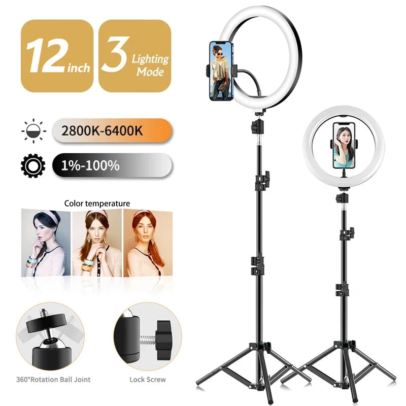 LED Selfie Ring Light 3 modes Dimmable Photography Lamp with 50cm Tripod Remote control For Phone Video Live Makeup Fill Light