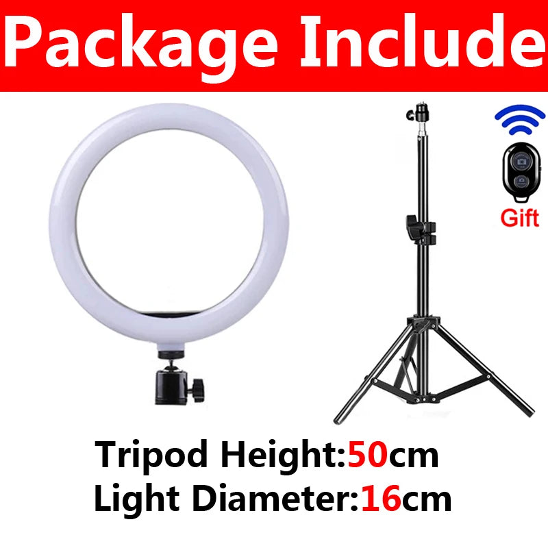 LED Selfie Ring Light 3 modes Dimmable Photography Lamp with 50cm Tripod Remote control For Phone Video Live Makeup Fill Light