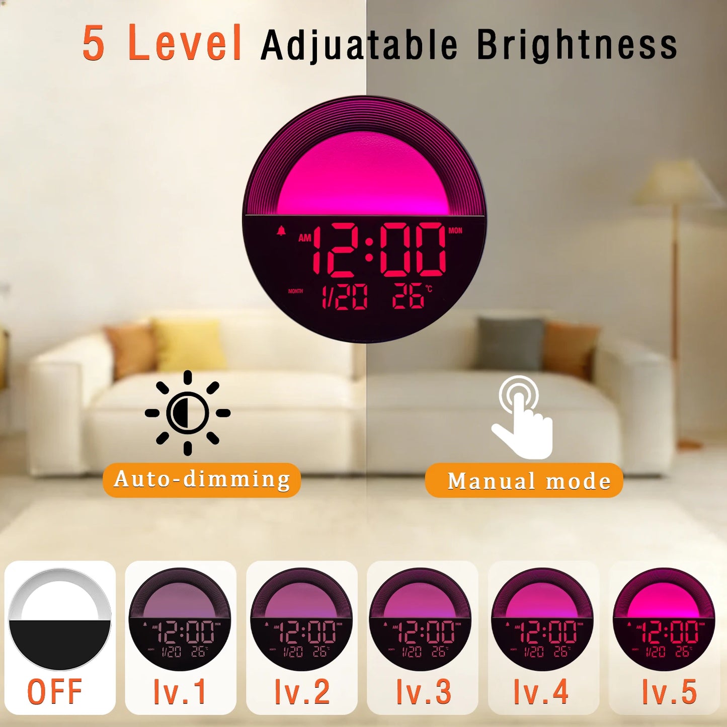 10 Inch Digital LED Wall Clock with Remote Control USB Powered Temperature Auto Dimmer 2 Alarm 12/24H LED Clock for Home Decor