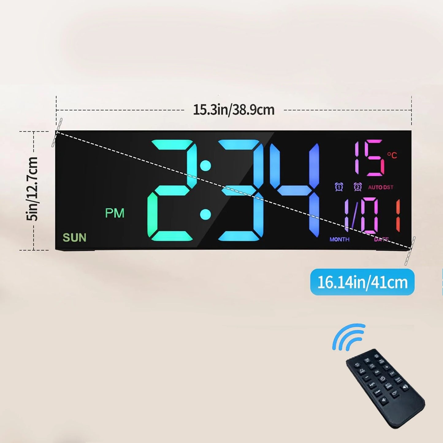 Digital Wall Clock Large Display 16.2" Digital Wall Clock with RGB Color Changing Remote Control Automatic Brightness LED Watch