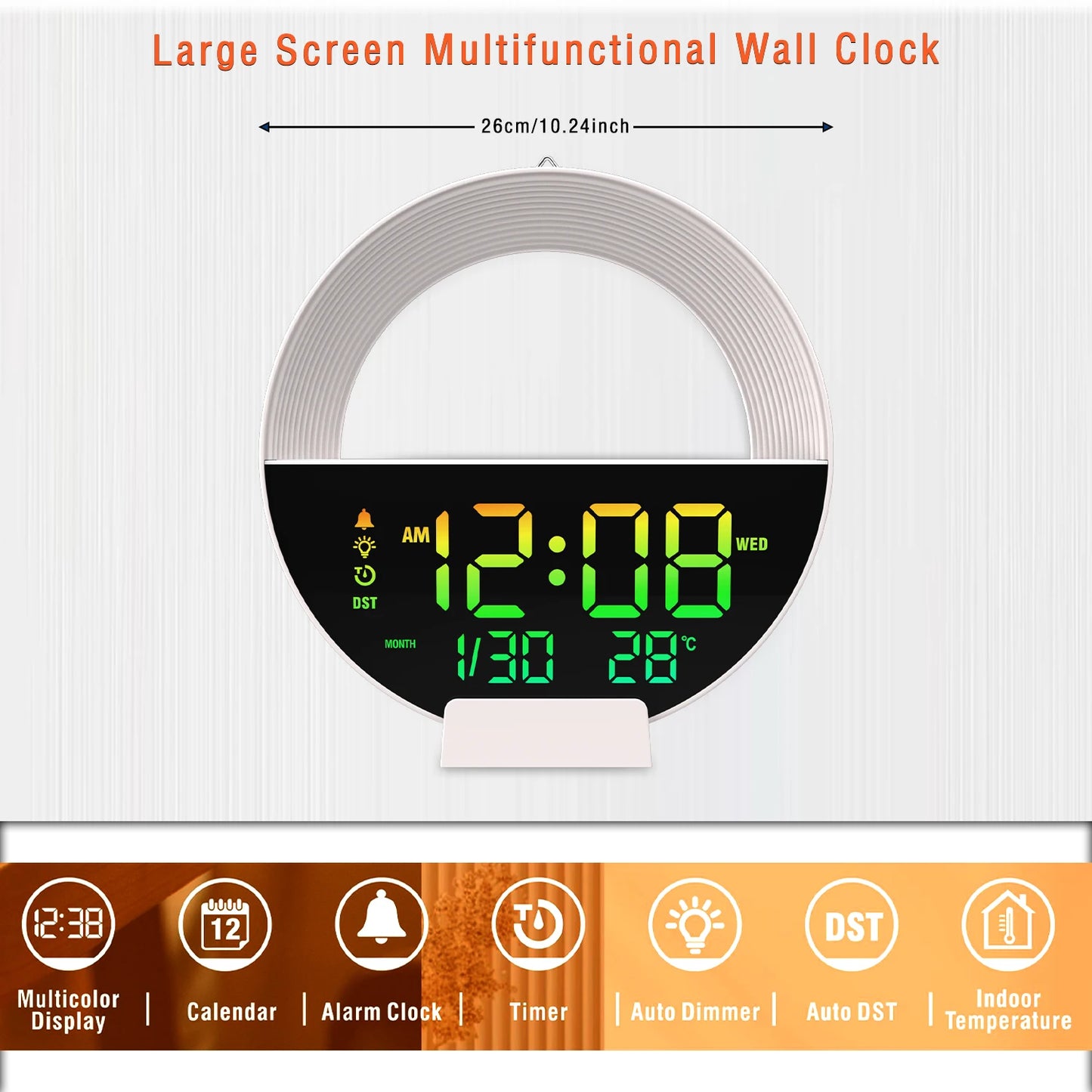 10 Inch Digital LED Wall Clock with Remote Control USB Powered Temperature Auto Dimmer 2 Alarm 12/24H LED Clock for Home Decor