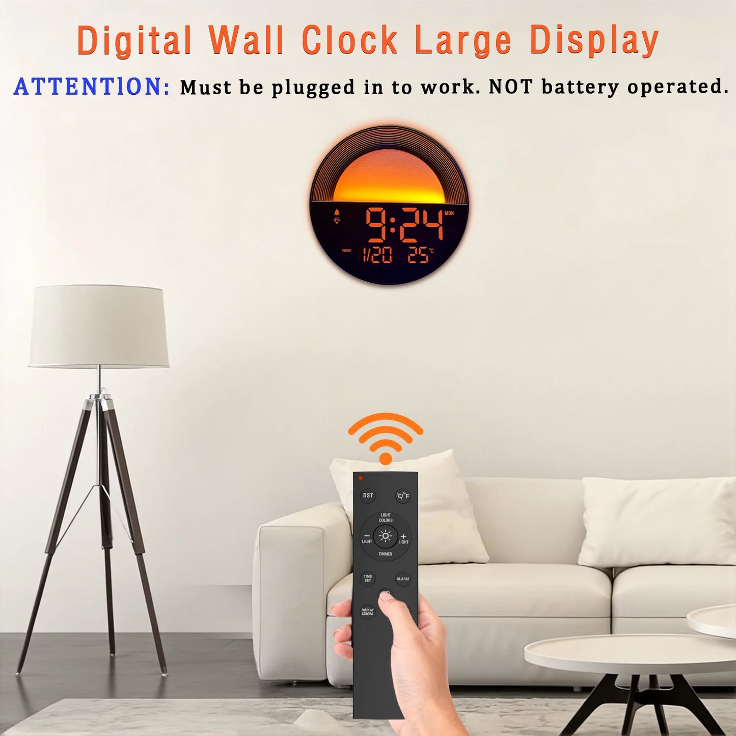 10 Inch Digital LED Wall Clock with Remote Control USB Powered Temperature Auto Dimmer 2 Alarm 12/24H LED Clock for Home Decor