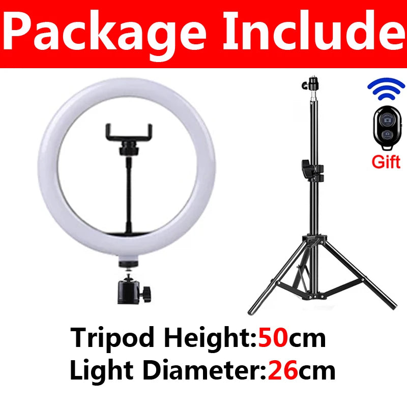 LED Selfie Ring Light 3 modes Dimmable Photography Lamp with 50cm Tripod Remote control For Phone Video Live Makeup Fill Light