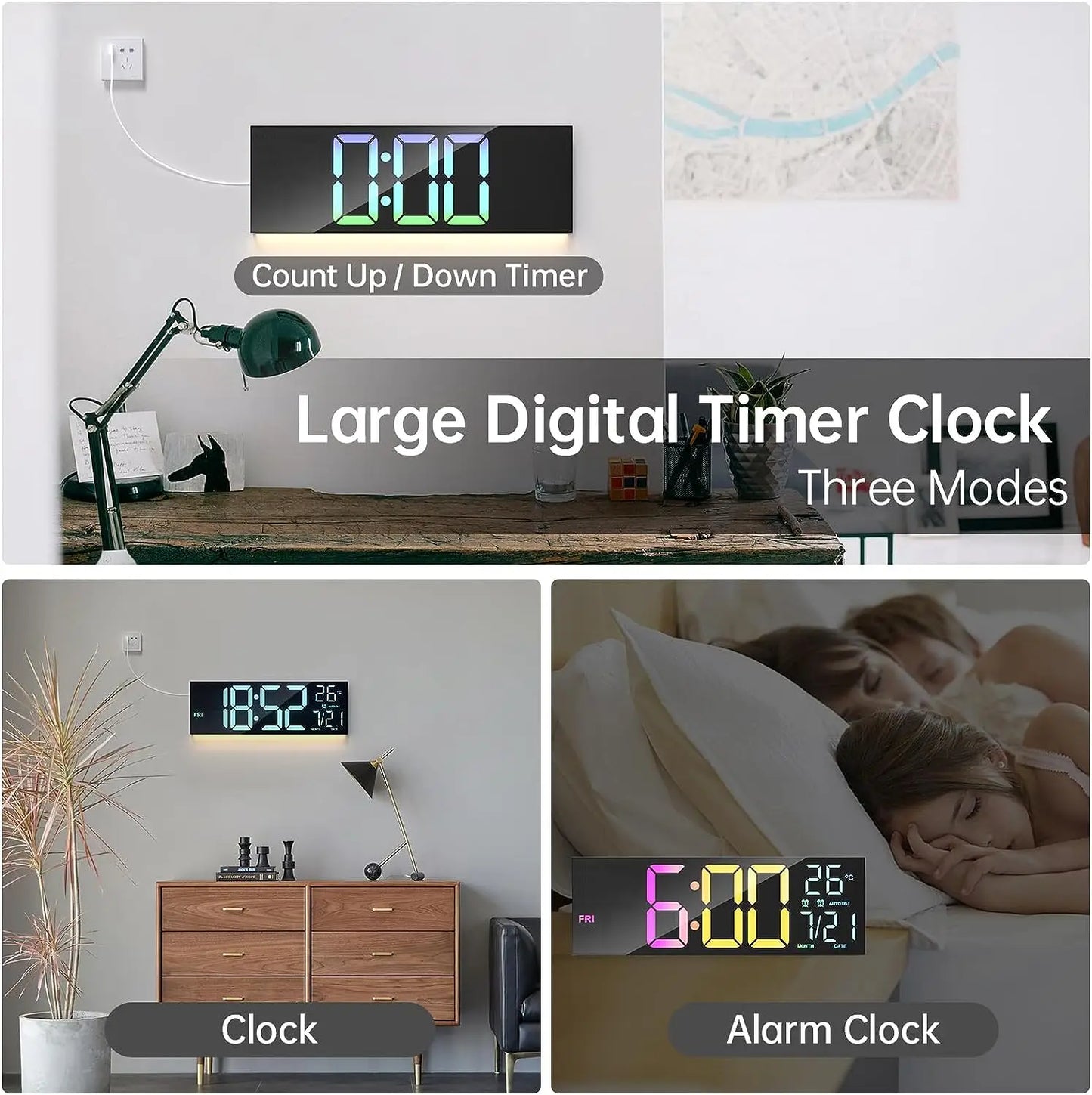 Digital Wall Clock Large Display 16.2" Digital Wall Clock with RGB Color Changing Remote Control Automatic Brightness LED Watch