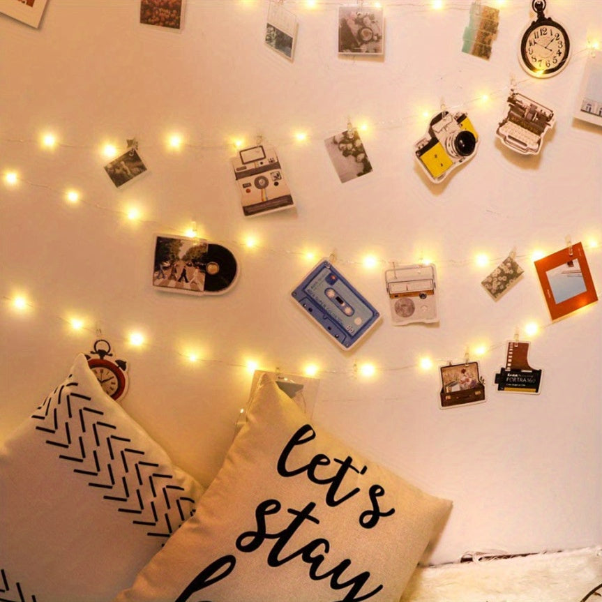 Photo Clip String Light Set, LED String Lights With 40 Wooden Clips For Hanging Pictures For Bedroom, Party, Diwali Decoration Lights, Wall Christmas & Halloween Valentine's Day Decoration