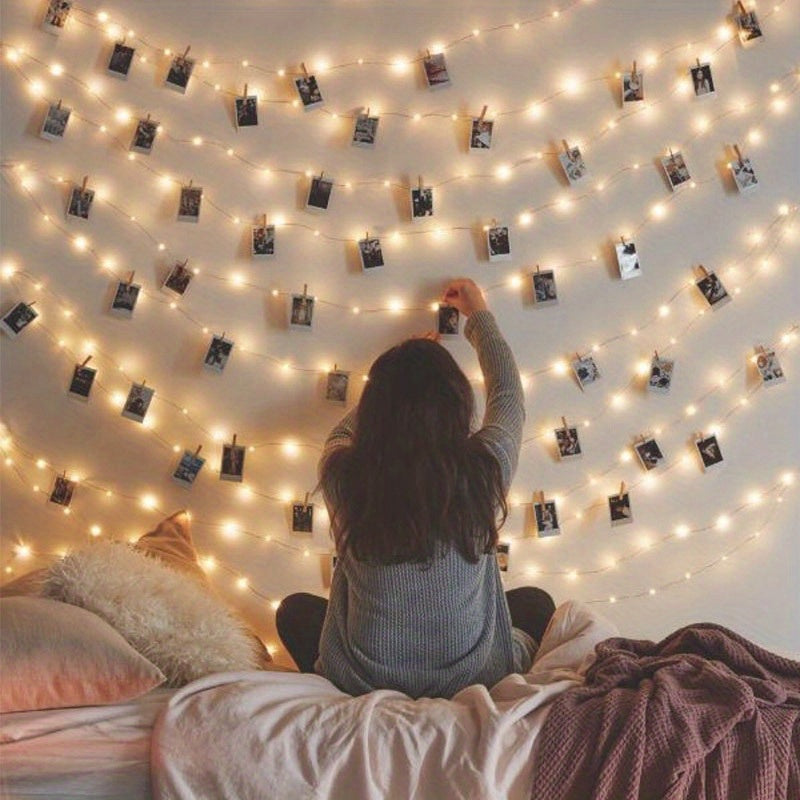 Photo Clip String Light Set, LED String Lights With 40 Wooden Clips For Hanging Pictures For Bedroom, Party, Diwali Decoration Lights, Wall Christmas & Halloween Valentine's Day Decoration