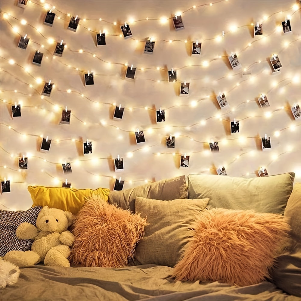 Photo Clip String Light Set, LED String Lights With 40 Wooden Clips For Hanging Pictures For Bedroom, Party, Diwali Decoration Lights, Wall Christmas & Halloween Valentine's Day Decoration